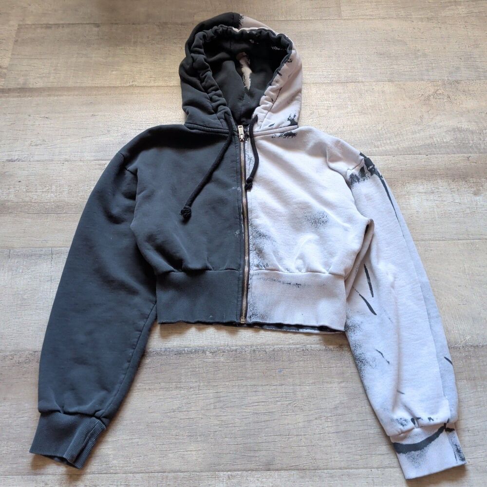 Zara Two-Tone Black and Light Gray Cropped Zip Hoodie